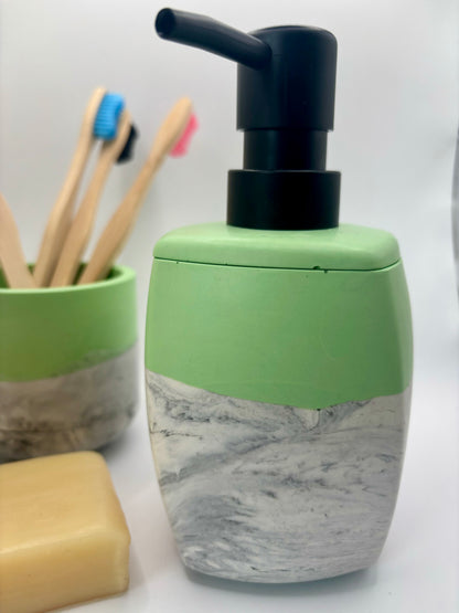 Support pour savon liquide résine acrylique vert et effet marbré