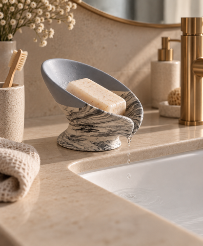 Porte-savon à écoulement en jesmonite marbrée Studio Unik posé sur le rebord d’un lavabo avec savon solide.